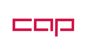 A red and white logo with the word cap.